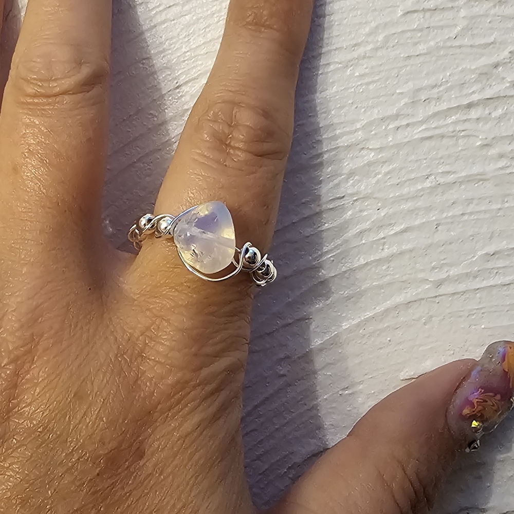 Sterling Silver Beaded White Opal Ring